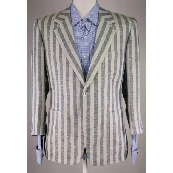 Custom Made Navy/Sky Blue Striped Mila Schon Linen Boating Patch Pkt Blazer 38S - Picture 2 of 8